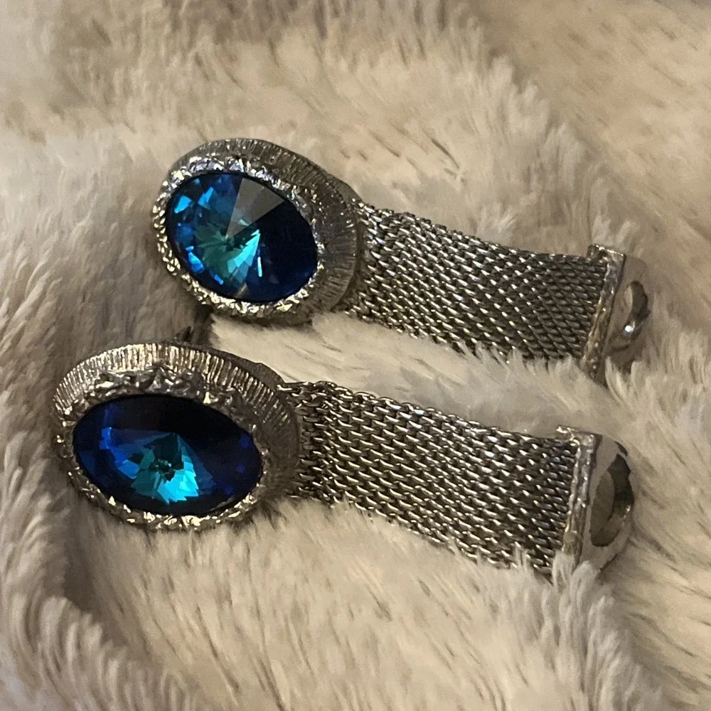 Vtg Swank Blue Rivoli Wrap Around Cufflinks Silver Tone Rhinestones MCM Estate